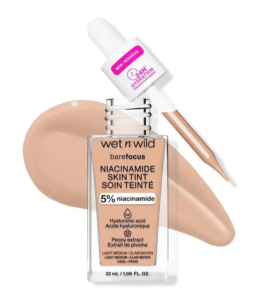 wet n wild Bare Focus Skin Tint, 5% Niacinamide Enriched, Buildable Sheer Lightweight Coverage, Natural Radiant Finish, Hyaluronic & Vitamin Hydration Boost, Cruelty-Free & Vegan-Light Medium Sand (1 Count (Pack of 1))