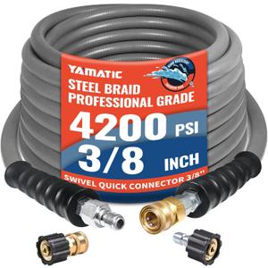 YAMATIC Non Marking 3/8" Pressure Washer Hose 35FT 4200 PSI, Kink Resistant Swivel 3/8" Quick Connect, Rubber Steel Braided Wear Resistant Industry Grade for Hot/Cold Water Gas Power Washer