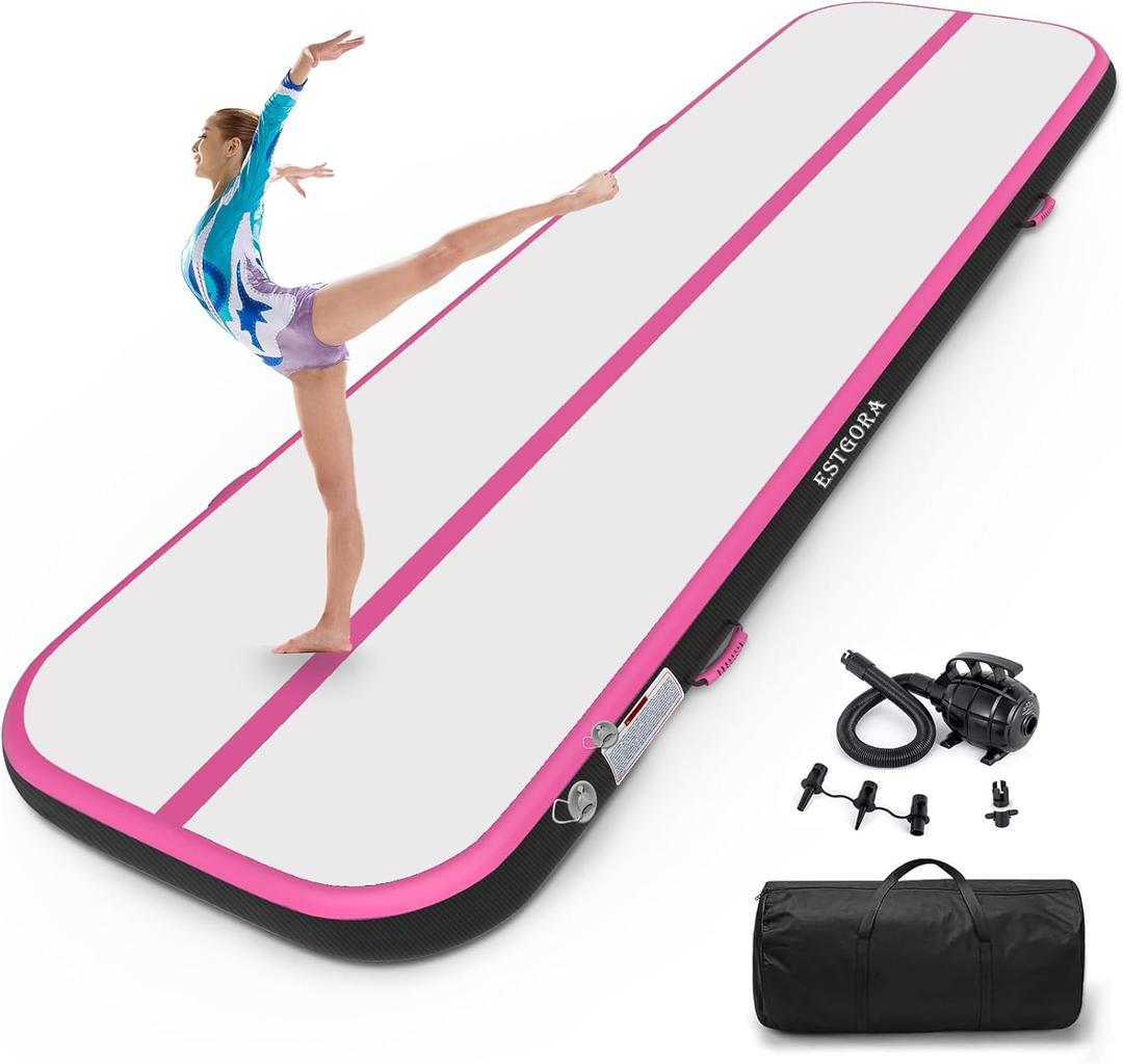 Estgora Gymnastics Mat for Tumbling Tumble Track, Thick Inflatable Gymnastic Training Equipment For kids At Home Gym Cheerleading with Electric Pump (16ft  3.3ft  4inch, Black-Pink)