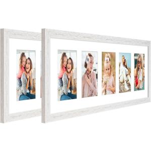8x24 Collage frame with 5 Openings 4X6 Pictures, Multiple Picture Frame with Mat, Wall or Tabletop Decor, White Wood Grain,2 Pack