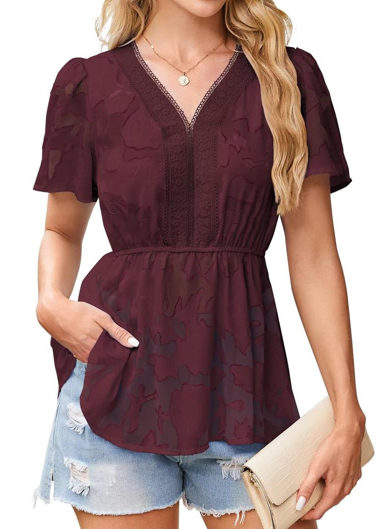 Falecahy Plus Size Tops For Women Summer Outfits For Women Casual Flowy Boho Lace Top Babydoll V Neck Peasant Tunics Chiffon Sheer Smocked Ruffle Blouses Fall Peplum Loose Fit Business Shirt Red XXL (Red, XXL)