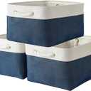 3Packs Closet Storage Bins, Extra Large Canvas Cloth Storage Bins Shelf Fabric Storage Basket with Drawstring Closure Collapsible Organizing Baskets for Playroom Yarn Towels Dog Cats Baby Toys (ALL BLUE)