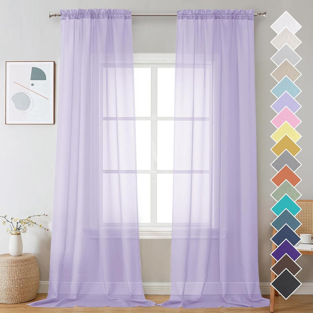 OVZME Lavender Sheer Curtains 96 Inches Long 2 Panels - Soft Light Filtering Window Sheer Panels for Living Room/Bedroom, Top Dual Rod Pocket, 1 Pair, Each 42Wx96L Inches