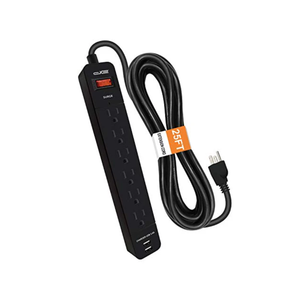 6 Outlet Surge Protector, 25 Ft, USB, Black
