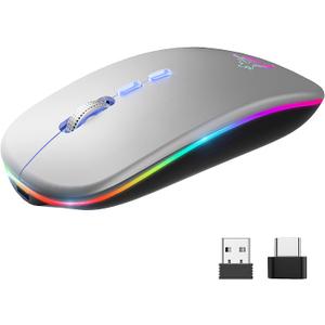 HOTLIFE LED Wireless Mouse, Slim Rechargeable Silent Bluetooth Mouse, Portable USB Optical 2.4G Wireless Bluetooth Two Mode Computer Mice with USB Receiver and Type C Adapter(Silver)