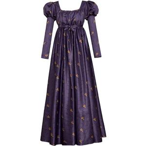 Regency Empire Jane Austen Vintage High Waistline Tea Party Ball Gown Purple Floral Puffy Sleeve Dress (3X-Large)