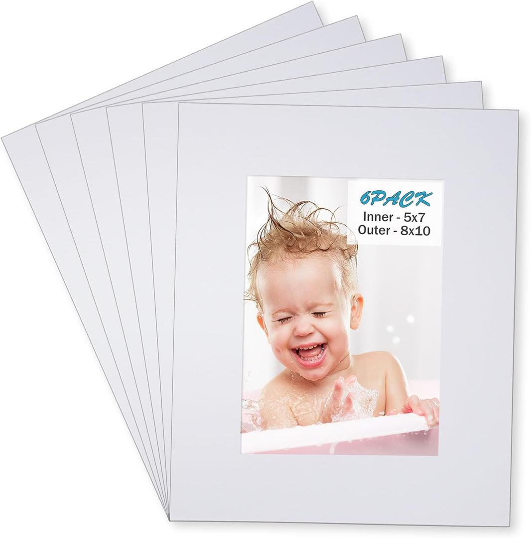 Egofine 8x10 White Picture Mats Pack of 6, Frame Mattes for 5x7 Pictures, Acid Free, 1.2mm Thickness, with Core Bevel Cut