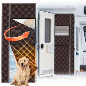 RV Insulated Door Cover, Magnetic RV Door Insulation Curtain for Winter, 33" x 80" Camper Thermal Insulated Door Blanket with Removable Transparent Window for Inside Camper, Travel Trailer, Brown