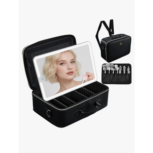 Large Makeup Bag with LED Mirror, Travel Cosmetic Train Case for Makeup Artists, Makeup Organizer Case with Divider Rechargeable Vanity Mirror with 3 Color Lights for Barber, MUA, Nail Tech, Black