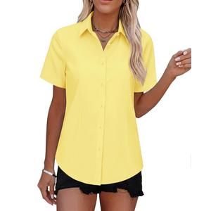 Gleeivy Women Button Down Shirt Fitted Stretch Short Sleeve Stain-Resistant Dress Tops with Collar Dailywear Yellow XXL