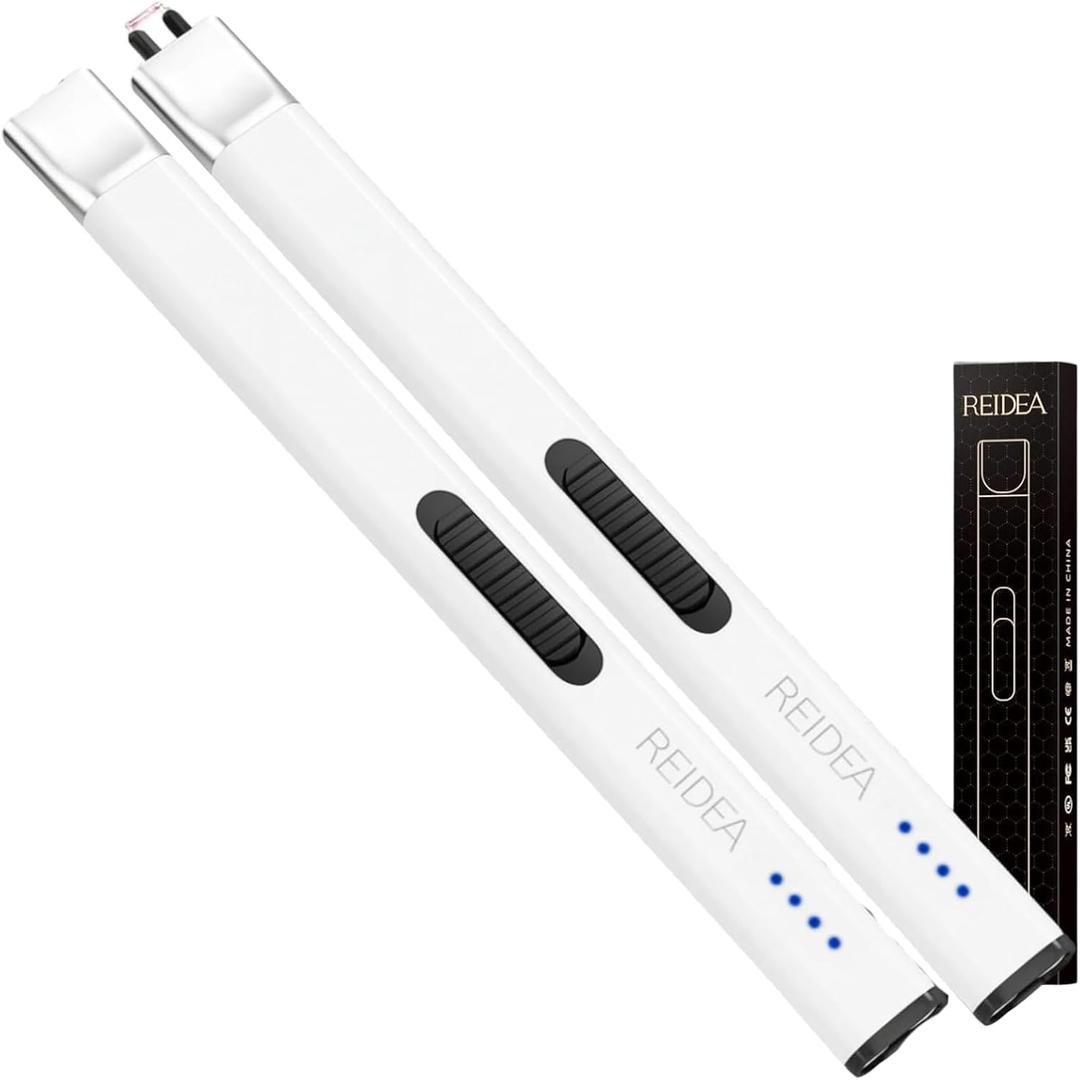 REIDEA Lighters 2 Pack R1 Flat Electronic Candle Lighter, Windproof Flameless USB Rechargeable Arc Lighter with Safe Button and Power Indicator for Candle, BBQ and Fireworks, White