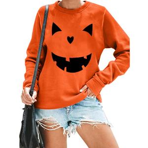 Women's Halloween Pumpkin Face Long Sleeve Spooky Sweatshirts Lightweight Casual Pullover Tops (Orange, L)