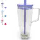 40oz Insulated Clear Tumbler with Handle and Lid & Straw, Reusable Travel Mug for Cold and Hot Drinks, Double-Wall Plastic Water Bottle | Crystal-Clear | Car Cup Holder Fit | Leakproof | BPA-Free (Purple)