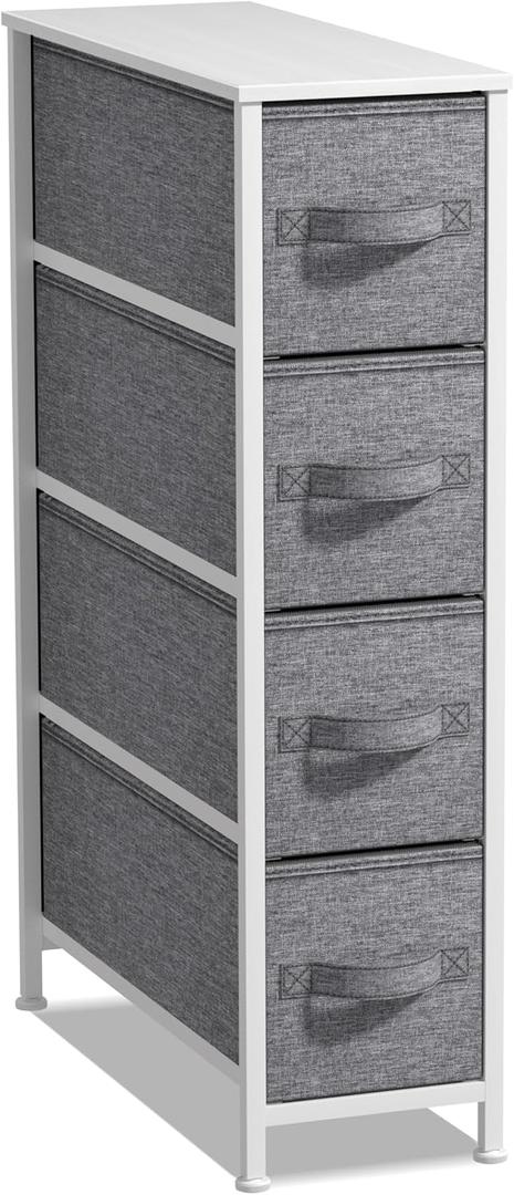 Sorbus Narrow Dresser with 4 Drawers - Vertical Slim Storage Chest of Drawers with Steel Frame, Wood Top & Easy Pull Fabric Bins for Small Spaces, Closets, Bedroom, Bathroom & Laundry (White/Gray)
