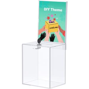Uniclife Tall Acrylic Donation Box for Fundraising, Clear Suggestion Box with Slot and Lock, Ballot Boxs with Sign Holder, Plastic Storage Container for Voting Charity Tip Collection, 6.7" x 5" x 8"