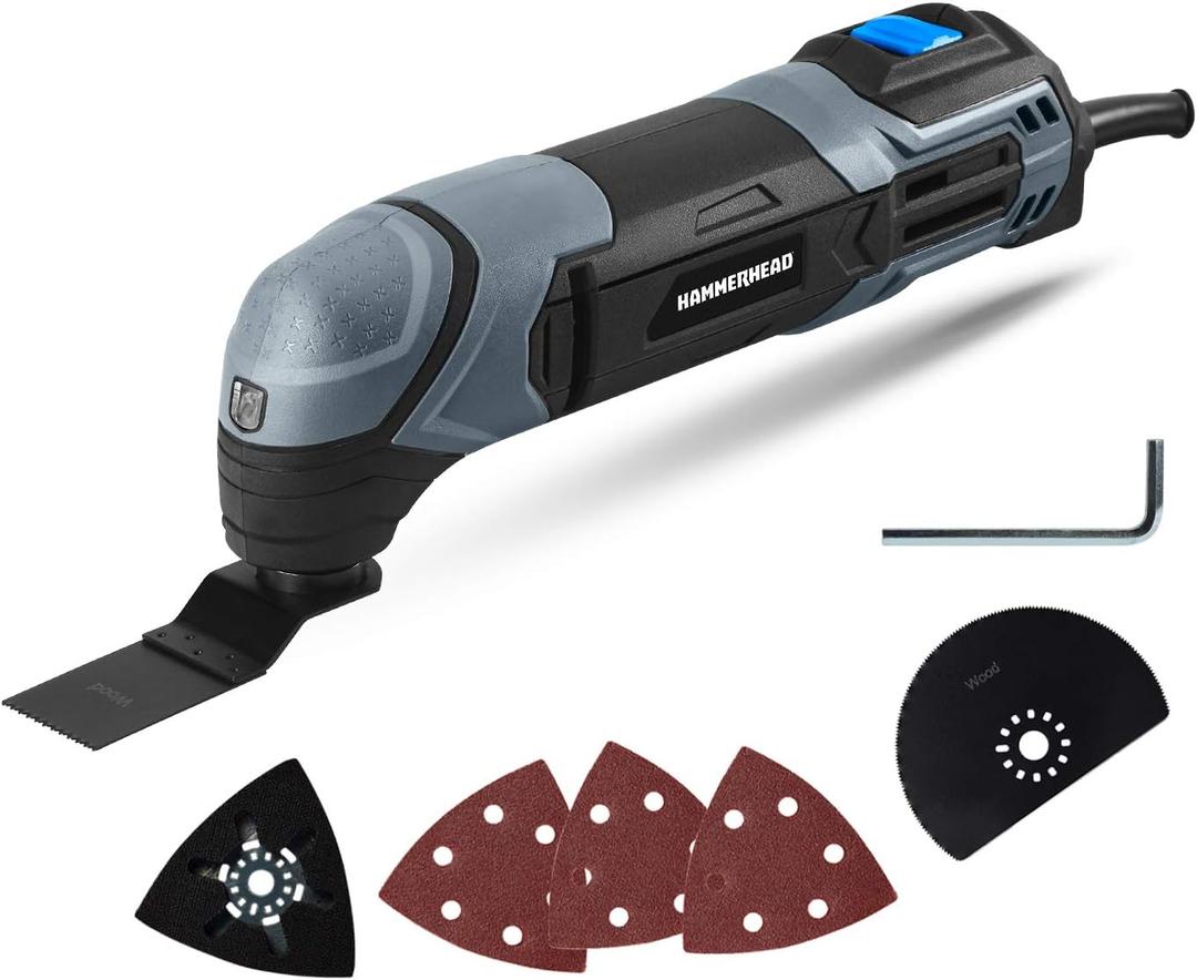 Hammerhead 2.2-Amp Oscillating Multi-Tool with 1pc Flush Cut Blade, 1pc Semicircle Saw Blade, 1pc Sanding pad, 3pcs Sanding Paper - HAMT022