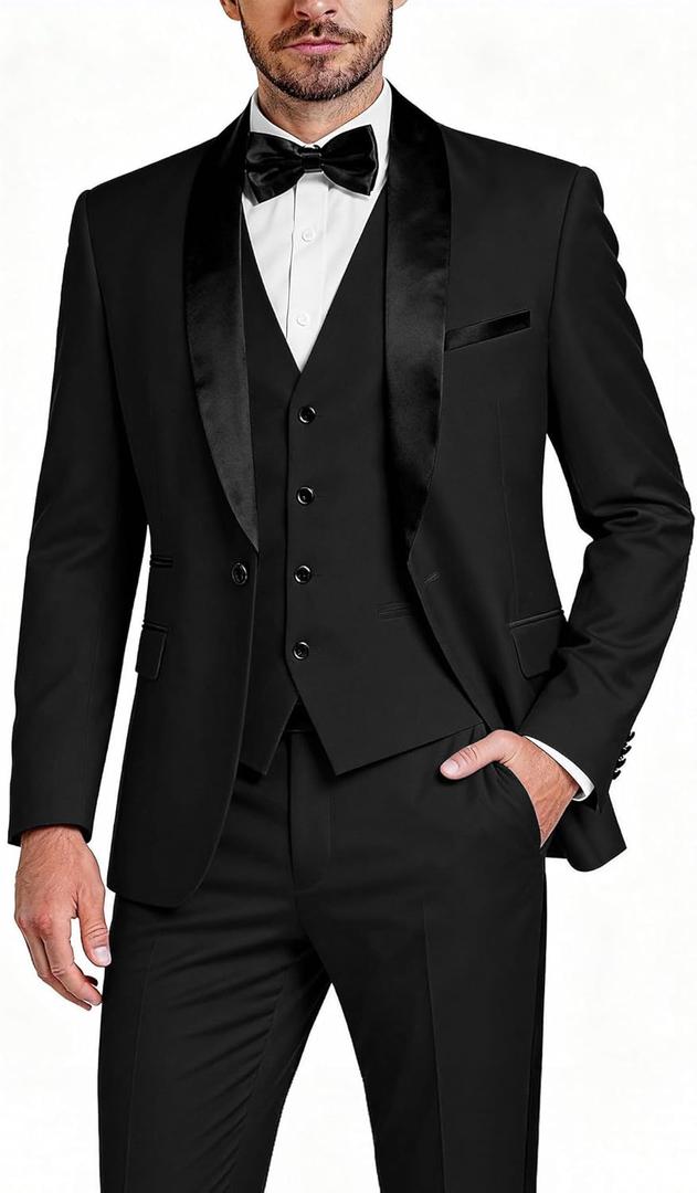 Men's Slim Fit 3-Piece Tuxedo Set, One Button Shawl Collar Jacket Vest Pants for Party, Business and Wedding (Black, L)