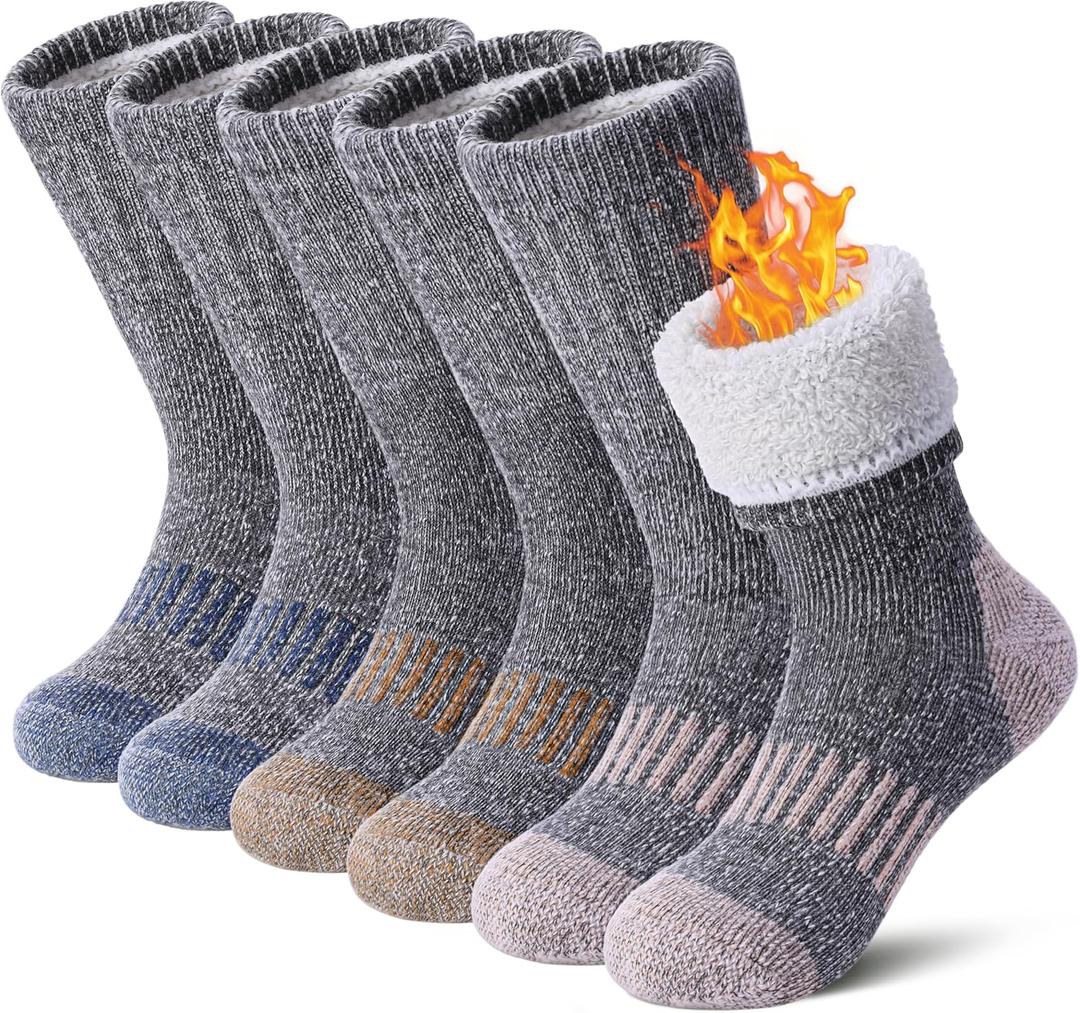 Kids Wool Hiking Socks Boys Girls Merino Wool Socks Thermal Winter Warm Thick Cushion Cozy Boot Crew Socks (12-15 Years, 3 Pairs-pink Blue Yellow)
