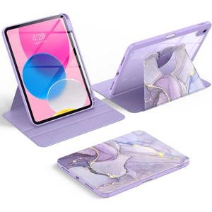 Soke Rotating Case for iPad (A16) 11th Generation 2025, iPad 10th Gen 2022 with Pencil Holder, [Shockproof + Auto Sleep/Wake] 360 Degree Rotation Clear Back for iPad 11"/10.9", Lilac Marble