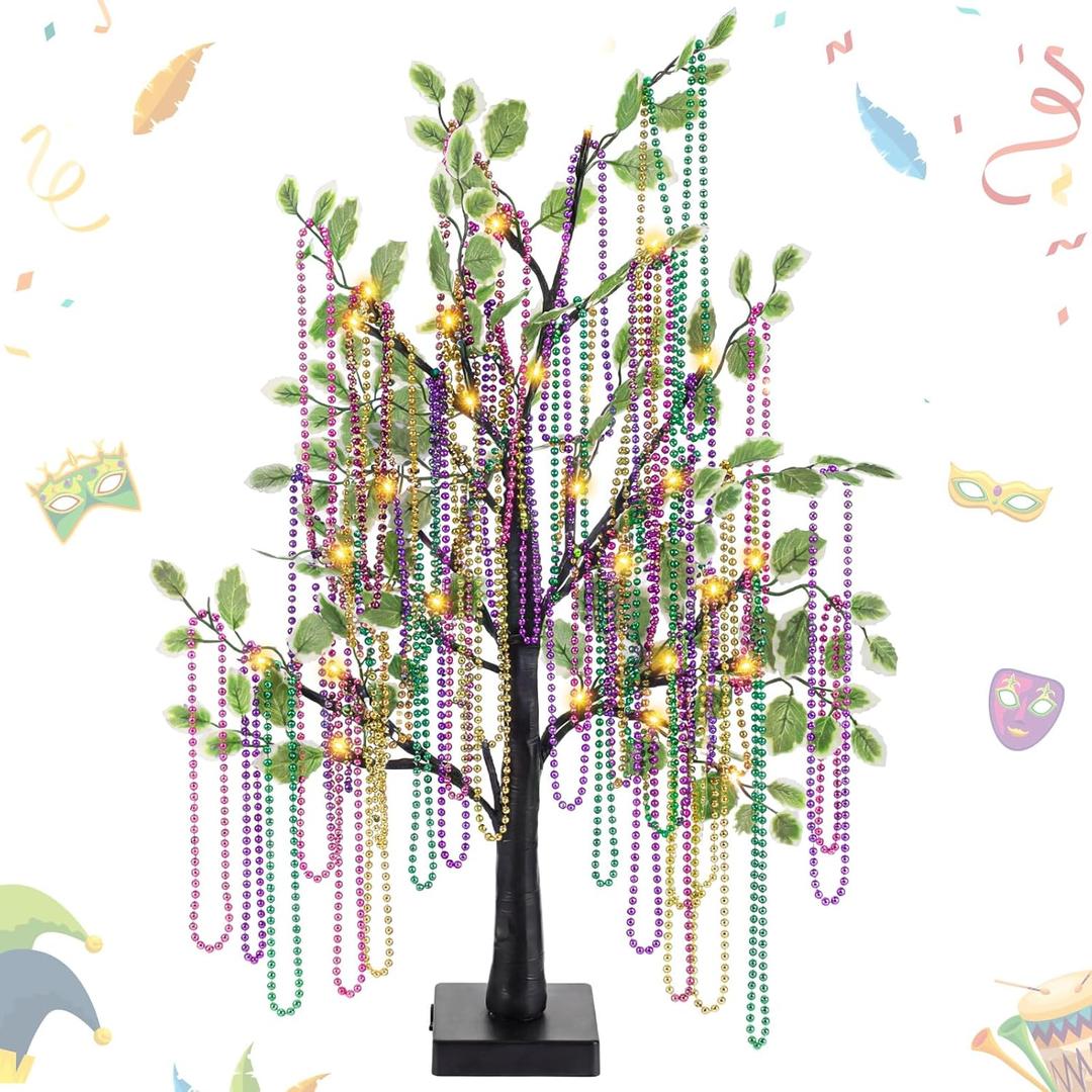 Huquary Mardi Gras Bead Tree Decor 23.6 Inch Lighted Tabletop Birch Tree with 20 Mardi Gras Beads Purple Gold Green for Fireplace Mantel Table Centerpiece Carnival Events Party Decoration