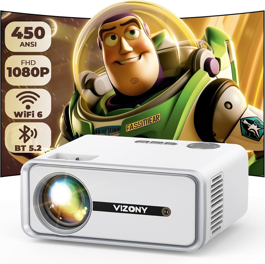 Mini Projector with WiFi and Bluetooth, 450ANSI 1080P FHD Home Movie Projector, Portable Outdoor Projector with 250" Display+Zoom, Compatible w/Phone//Laptop/TV Stick-Indoor&Outdoor (White)