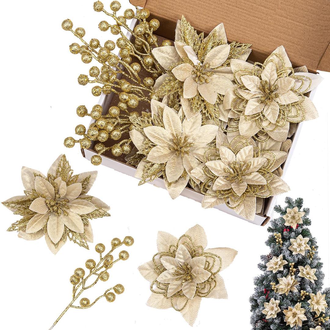 24 Pcs 3 Styles Christmas Poinsettia Flowers Christmas Tree Ornaments, 16 Pcs Artificial Christmas Flowers and 8 Pack Artificial Berry Picks for Xmas Holiday Wedding Decor, Gold