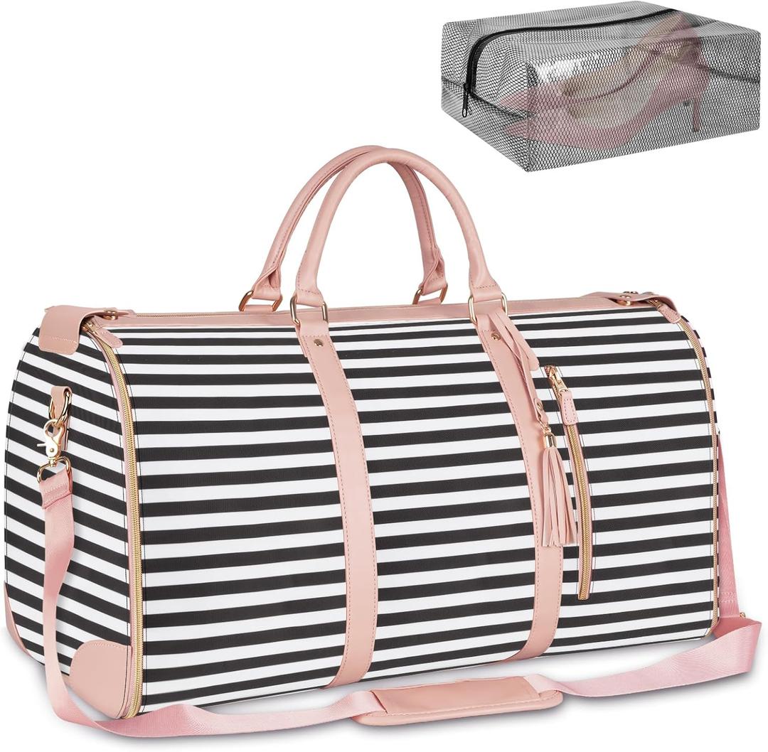 Ytonet Carry On Garment Bag, Large Hanging Duffle Bag for Women, PU Leather Waterproof Bags Travel with Shoe Pouch - 2 in 1 Suitcase Suit Bags, Black and White Stripe