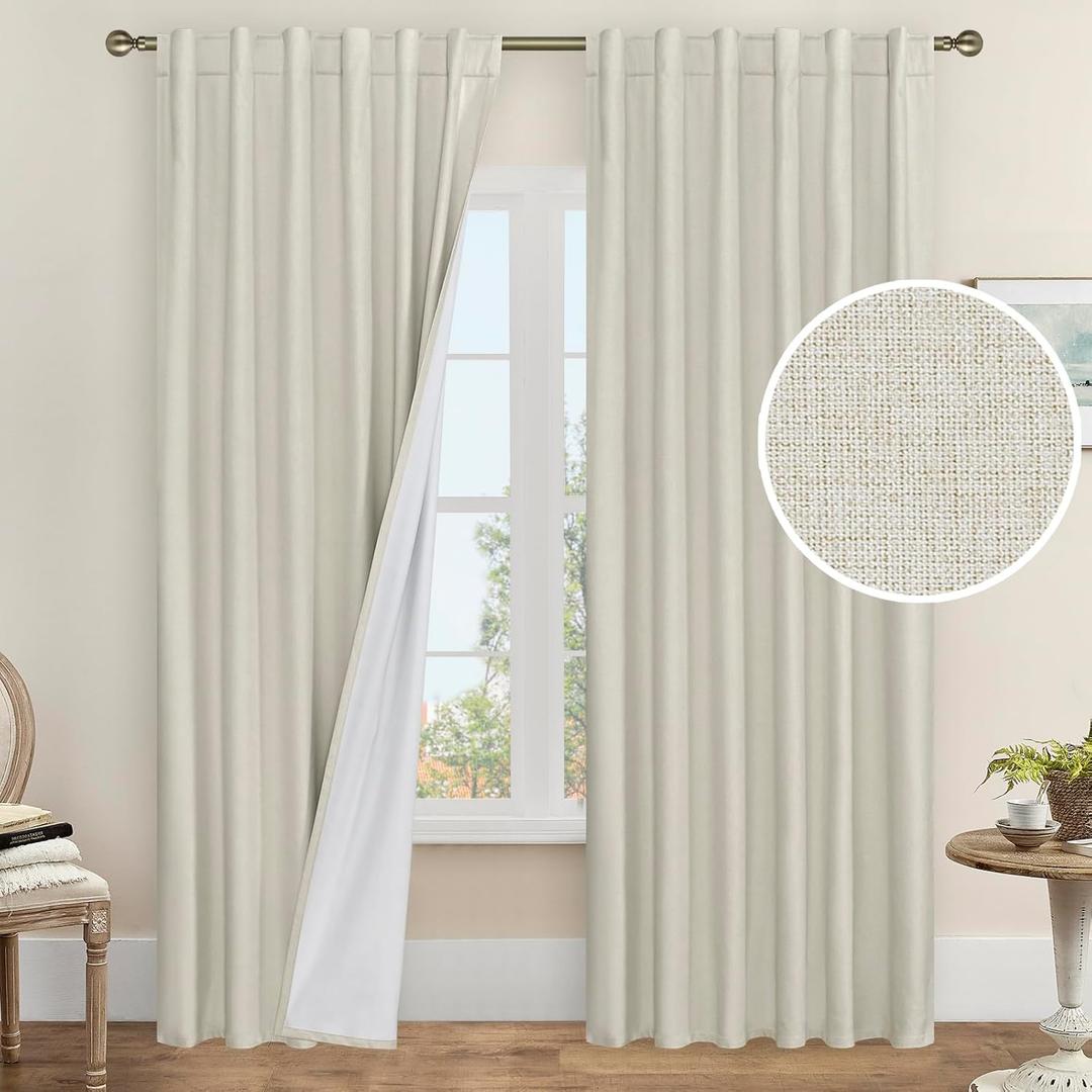 LAMIT 100% Black Out Linen Curtains, 84 Inch Linen Textured Living Room Farmhouse Curtains Room Darkening Back Tab and Rod Pocket Burlap Neutral Panels with White Liner, 2 Panels, 52 x 84 Inch, Stone