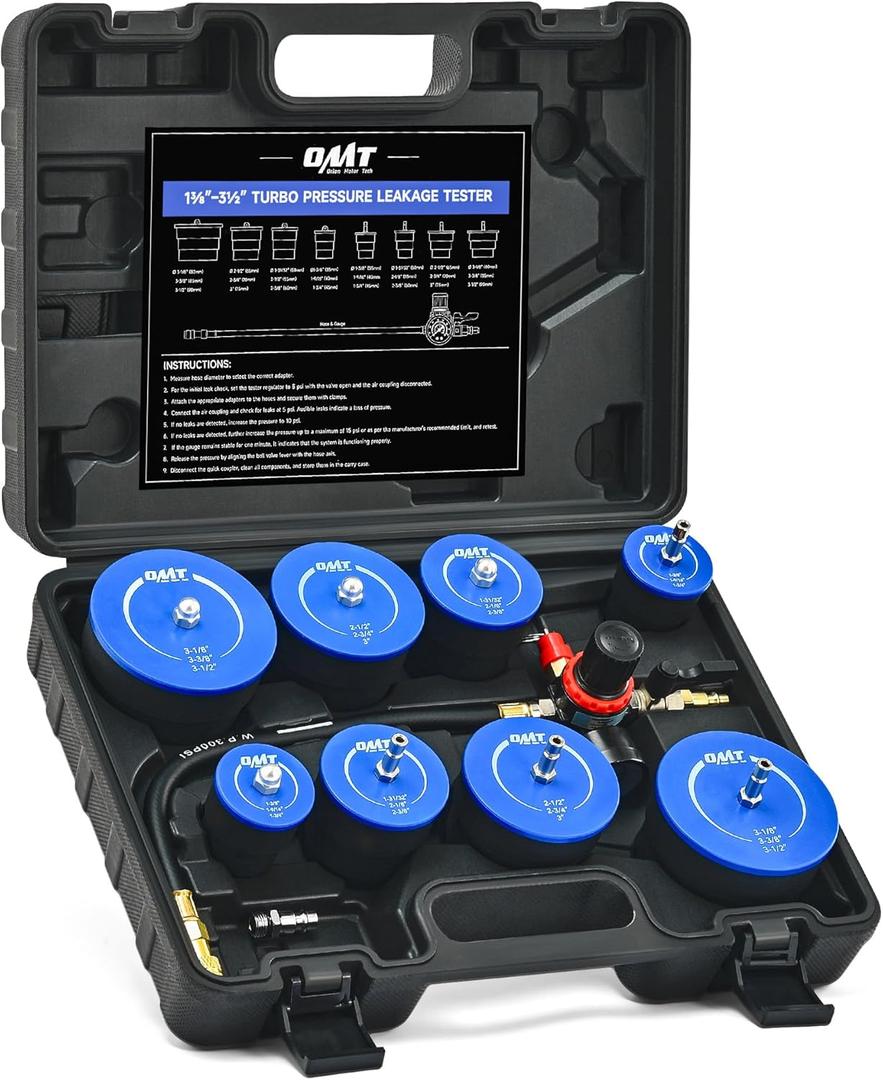 Orion Motor Tech Turbo System Leakage Tester Kit, 10pc Turbo Boost Leak Tester Set with 4 Pairs of Stepped Adapters 1-3/8" to 3-1/2", Turbo Pressure Leakage Tester for Cooling Emissions Exhaust Pipes (Black)