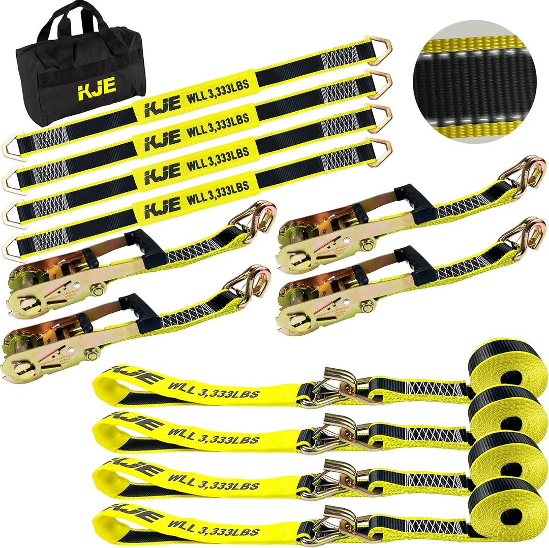 KJE Heavy Duty Car Trailer Tie Down Straps with Reflective - (4) 2" x 10' Ratchet Straps + J-Hooks with Clip, (4) Axle Straps 2" x 36'' - 10,000lbs Break Strength - Use for Car, Truck, UTV Transport