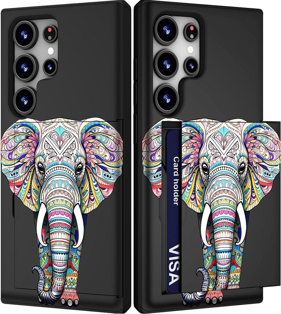 Compatible with Samsung Galaxy S24 Ultra Case Cute with Card Holder/Slim Slot Wallet Phone Cover for Women/African Elephant Design Animal Ethnic Stylized Pink