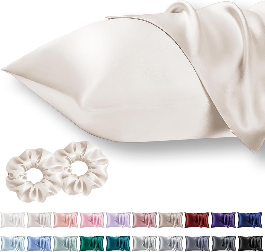 Standard Satin Pillowcase for Hair 2pc,Similar to Silk Pillow Cases,Easier Care Than Silk Pillowcase, Gifts for Women Men,Beige,20x26 & Envelope Closure and 2 Satin Scrunchies