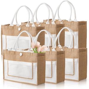 ZOOFOX 6 Pack Jute Tote Bags, 16.5"x 13"x 7" Large Burlap Tote Bag with Handles, Beach Bag for Women, Grocery Bridesmaid Bag Weaving Tote Bags for Beach, Wedding, Shopping, Travel
