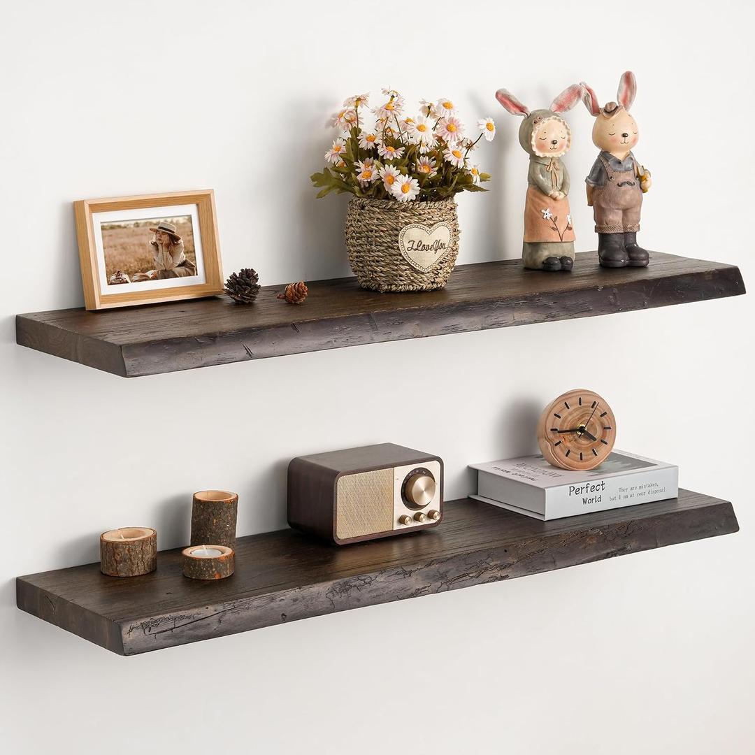 Floating Shelves Set of 2, Solid Elm Wood Wall Shelves 36 Inch - Invisible Bracket Mount for Living Room, Bedroom, Kitchen, Bathroom - Brown, Live Edge, 36"L, 2 Packs