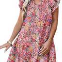 Dokotoo Womens Summer Dresses 2025 V-Neck Drawstring Ruffle Cap Short Sleeve Side Pockets Mini Dress Sundress (Medium, Multicolor)