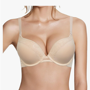 Push Up Thick Padded Plunge Underwire T Shirt Lace Bra Lift Support for Women Add One Cup 34B