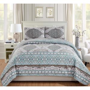 Fancy Linen 3pc Quilted Coverlet Bedspread Set New (King/California King, Brown Teal Floral)