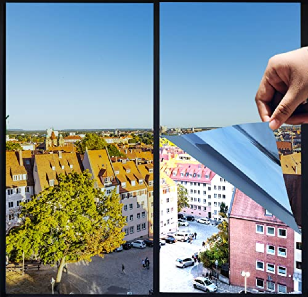 One Way Privacy Window Film,Premium PET Material,Daytime Reflective Heat Control Anti UV Door Sticker,Window Tint for Home Office Living Room,Mercury Blue,35.4 Inch x 6.5 Feet, Pack Of 4