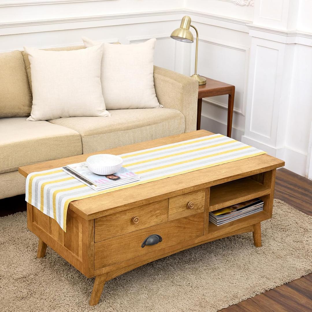 2 x Solino Home Linen Striped Table Runner 60 Inches - Sorrento Stripe, 100% Pure Linen Yellow and Grey Small Table Runner 14 x 60 Inch Ideal for Dresser and Coffee Tables, Spring, Summer, Mothers Day