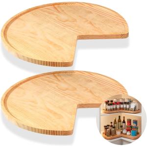 Leinuosen 2 Pcs  Banded Pine Wood Full Kidney Shaped Lazy Susan for Corner Base Cabinets with Iron Swivel Bearing for Kitchen Turntables, Not Include Metal Rod(20 Inch, Wood Color)