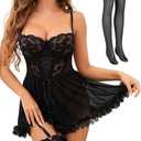 Tidouk Sexy Lingerie for Women Lace Babydoll Lingerie Dress Push up Nighty Petal Hem Chemise with Garter(4pcs), XL