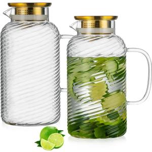 Buaic 2 PACK Glass Pitcher with Lid, 68 oz/ 2 Liter Spiral Pattern Water Pitcher, Glass Water Carafe for Cold Brew, Coffee, Lemonade, Iced Sun Tea, Beverage, Milk, Heat Resistant