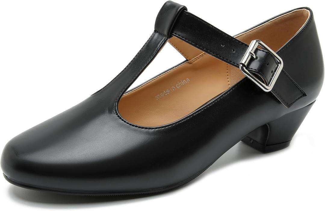 MAIERNISI JESSI Women's T-Strap Mary Jane Pumps, Low Block Heel, Buckle Closure, 37