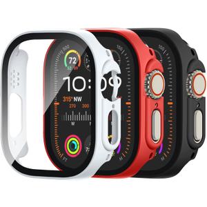 [3 Pack] Adorve Tempered Glass Case for Apple Watch Ultra/Ultra 2 Screen Protector 49mm, Hard PC Face Cover Overall Protection Anti-Scratch Bumper Cases for iWatch 49mm Accessories, Black/Red/White