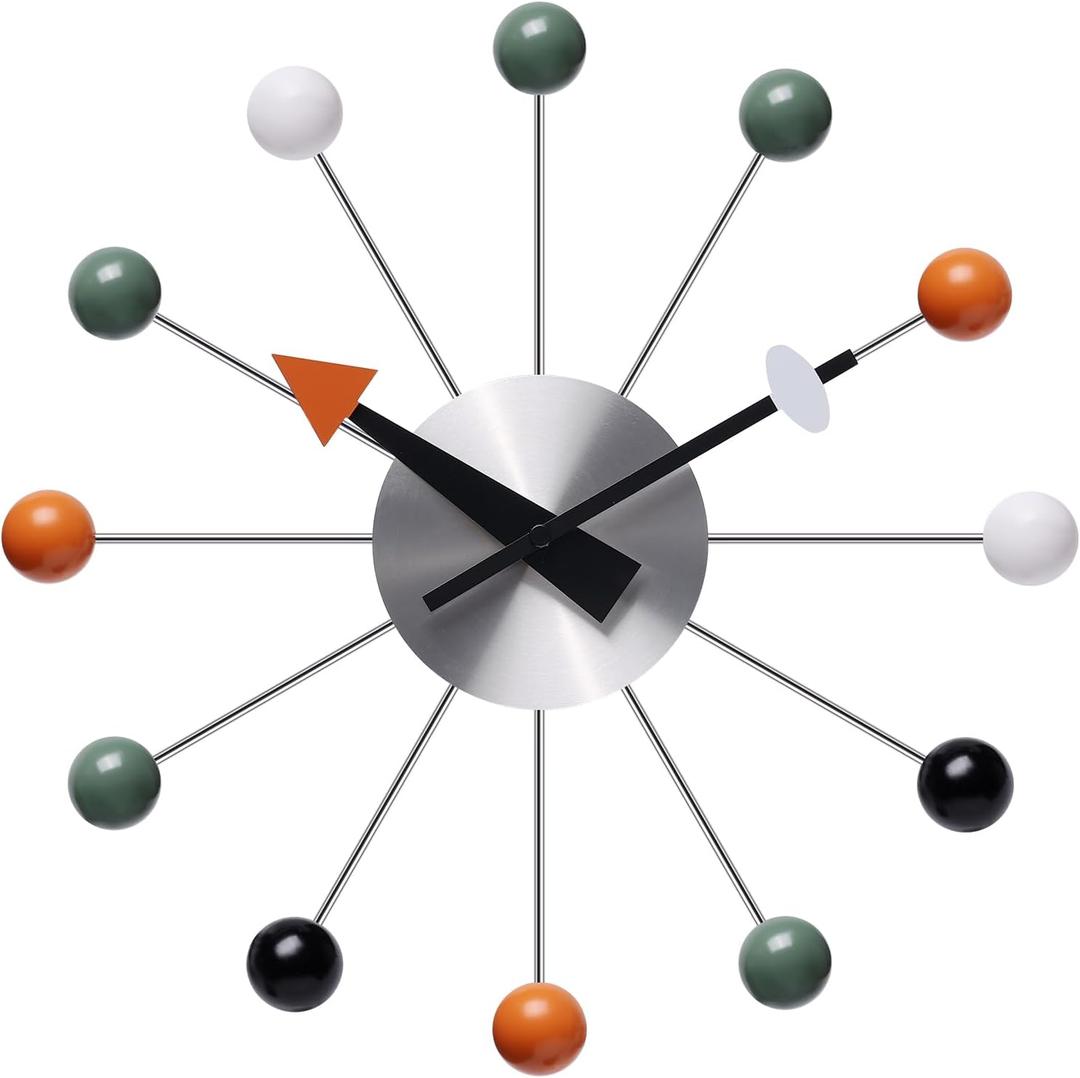 NUOVO 13 Inch Multicolor Mid Century Creative Silent Quartz Personality Funny Decorative Home Living Room Kitchen Office Retro Design Wall Clock (White Black Green Orange)