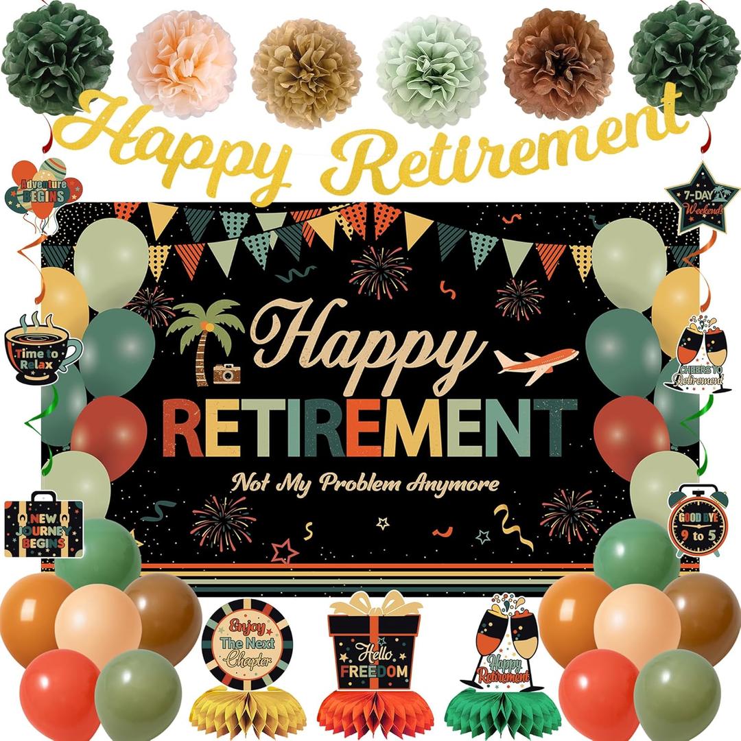 Vlipoeasn Retirement Decorations for Men Women, Colorful Vintage Retirement Party Set with Backdrop Banner Honeycomb Centerpieces Hanging Swirls, Office Retired Farewell Decor