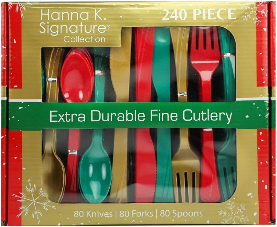 Plastic Silverware Heavyweight Combo, Disposable Flatware Red/Green/Gold Cutlery 240 pieces 80 of each Forks, Knives, Spoons
