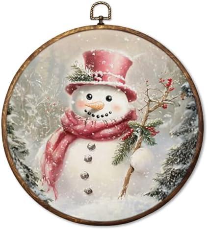HUGANE Pink Snowman Winter Christmas Round Wall Art Decor, Rustic Christmas Tree Winter Snowman Hanging Canvas Framed Prints Wall Sculptures for Home Bedroom Living Room Decor, 10x10 Inch