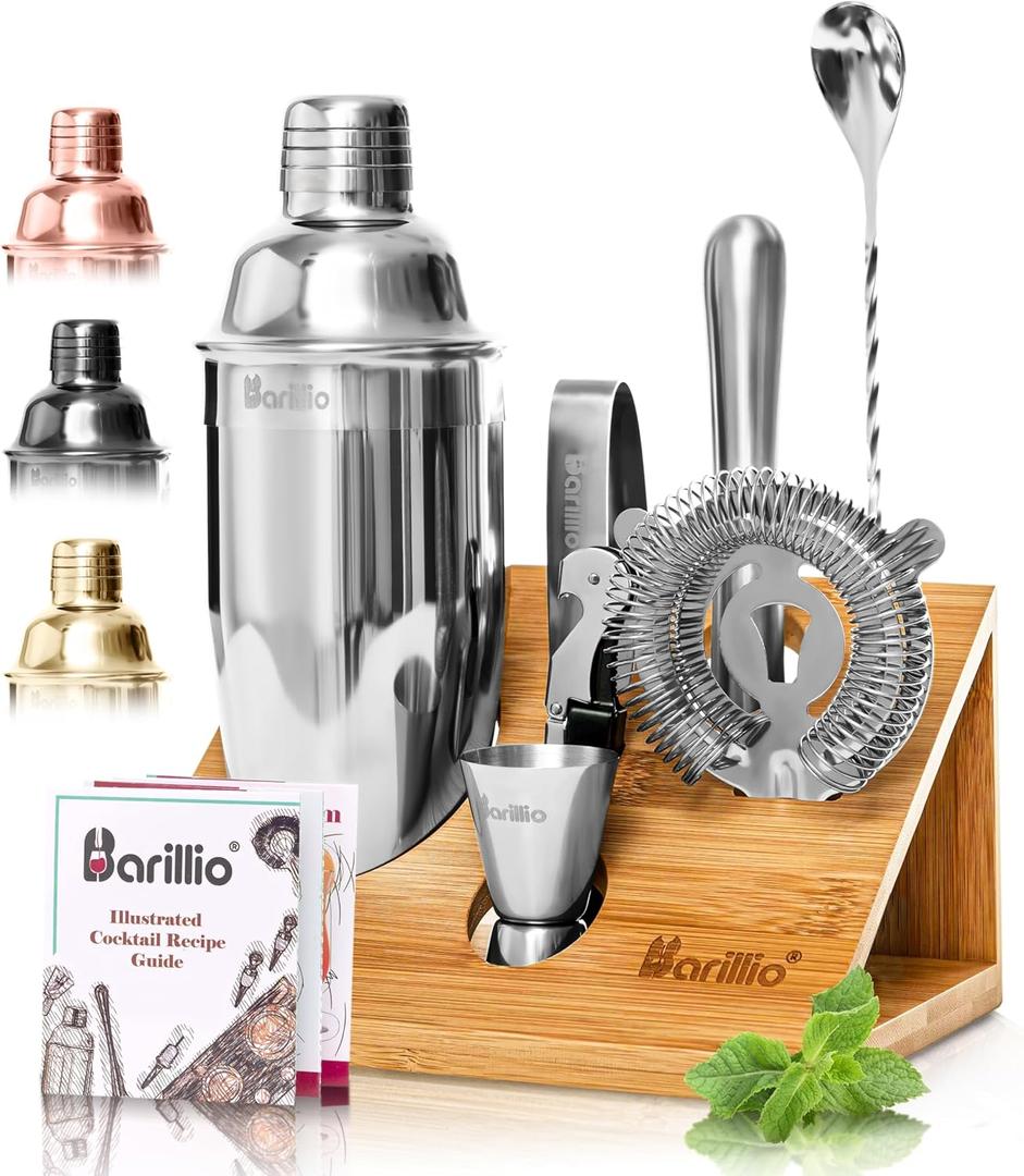Barillio Bartender Kit - Stainless-Steel Cocktail Shaker Set with Bamboo Stand - Mixology Bar Tools w/Shaker, Drink Mixer Spoon & Muddler for Cocktails - Home Bar Accessories - 10-Pc Bar Set - Silver