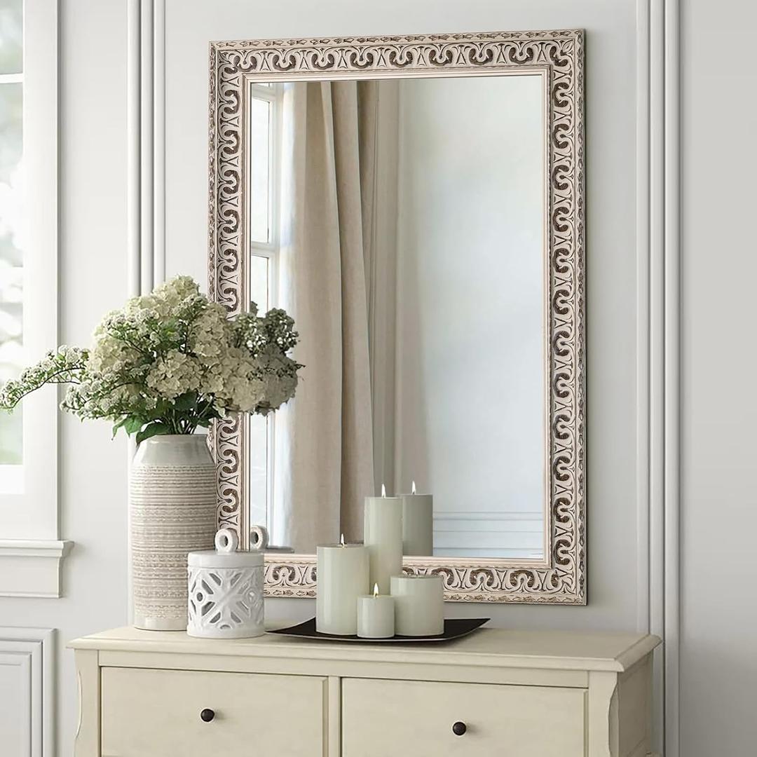 White Bathroom Mirrors for Over Sink, 36.6" x 24.8" Vintage Farmhouse Decorative White Wall Mirror with Ornate Butterfly Carvings Solid Wood Frame, for Bedroom, Living Room, Entryway